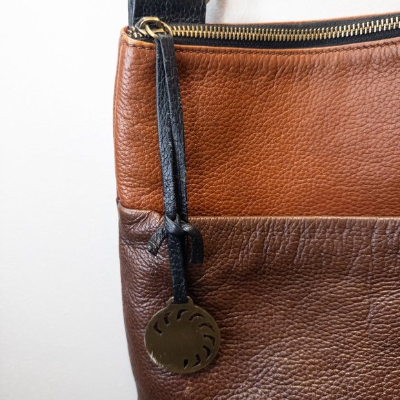 Allo Crossbody Bag Genuine Leather Three Tone Brown Black Medium Boho Purse - Picture 2 of 10